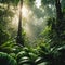 AI generated illustration of a lush, verdant jungle, illuminated by rays of sunlight