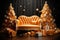 AI generated illustration of a luxurious orange sofa with Christmas trees and gift boxes
