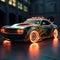 AI generated illustration of a luxurious sports car with bright headlights in neon lights