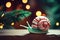 AI generated illustration of a macro shot of a single snail with a candy cane placed atop its shell