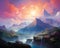 AI generated illustration of a magnificent view of stunning cliffs and majestic mountains at sunset