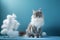 AI generated illustration of a Maine coon domestic cat perched against a blue background