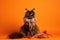 AI generated illustration of a Maine coon domestic cat perched against an orange background