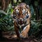 AI generated illustration of a majestic adult tiger strolling through the lush, green forest