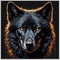 AI generated illustration of a majestic black wolf staring intently