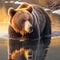 AI generated illustration of a majestic brown bear standing in the shallow waters of a riverbank