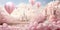 AI generated illustration of a majestic castle adorned with pink balloons floating in the air
