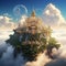 AI generated illustration of a majestic castle floating over the fluffy white clouds