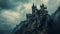 AI generated illustration of a majestic castle stands atop a cliff overlooking a gloomy landscape