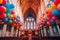 AI generated illustration of a majestic church with an abundance of large colorful balloons