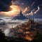 AI generated illustration of a majestic fantasy cityscape atop a hill in a dreamy sunset sky