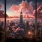 AI generated illustration of a majestic fantasy cityscape atop a hill in a dreamy sunset sky