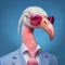 AI generated illustration of a majestic flamingo in a funky blue pink suit on a bright background