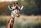 AI generated illustration of a majestic giraffe stands in a picturesque grassy field