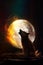 AI generated illustration of a majestic grey wolf howling with a full moon in the background