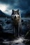 AI generated illustration of A majestic grey wolf stands in a shallow body of water