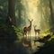 AI-generated illustration of a majestic herd of deer standing by a river at sunset