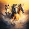 AI generated illustration of majestic horses running in the glistening ocean water