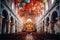 AI generated illustration of a majestic interior of a cathedral with a burst of large balloons