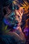 AI generated illustration of a majestic leopard illuminated by vibrant, colorful light