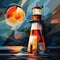AI generated illustration of a majestic lighthouse beside the tranquil waves of the ocean