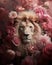 AI generated illustration of a majestic lion lounging in a field of pink blooming flowers