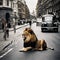 AI generated illustration of a majestic lion lounging in front of a row of vehicles on a city street