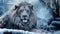 AI generated illustration of A majestic lion lounging in the snow