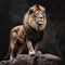 AI generated illustration of a majestic lion standing atop a large rock, illuminated by sunrays