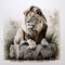 AI generated illustration of a majestic lion standing atop a large rock, illuminated by sunrays