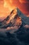 AI generated illustration of a majestic mountain peak silhouetted against the sunset