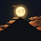 AI generated illustration of a majestic night sky with a moon above a large pyramid