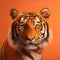 AI generated illustration of A majestic orange Bengal tiger with an orange background