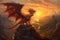 AI generated illustration of a majestic orange dragon stands on a mountain peak at sunset