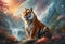 AI generated illustration of A majestic orange tiger  atop a rocky surface