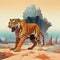 AI generated illustration of a majestic orange tiger striding in a sun-baked desert