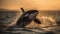 AI generated illustration of a majestic orca leaping out of the water at sunset