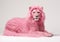 AI generated illustration of a majestic pink lion in front of a stark white wall