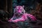 AI generated illustration of a majestic pink tiger perched atop a large rock