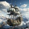 AI generated illustration of a majestic pirate ship sailing through the air in a dramatic cloudy sky