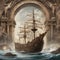 AI generated illustration of a majestic pirate ship sailing through a stone arch