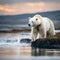 AI generated illustration of a majestic polar bear atop a rocky shoreline overlooking a lake