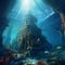 AI generated illustration of a majestic ruined castle submerged beneath the deep blue waters