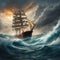 AI generated illustration of a majestic sailboat gliding across the stormy ocean