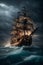 AI generated illustration of A majestic tall ship sailing at night in a serene body of water