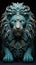 AI generated illustration of a majestic, turquoise lion statue