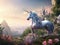 AI generated illustration of a majestic unicorn standing atop a mountain near a castle