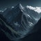AI generated illustration of a majestic view of snow-capped mountains near a tranquil shoreline
