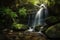 AI generated illustration of a majestic view of a waterfall cascading in a lush tropical rainforest