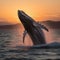 AI generated illustration of A majestic whale leaping out of the sparkling ocean at sunset.